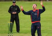 12 May 2022; Ben White of Northern Knights appeals during the Cricket Ireland Inter-Provincial Cup match between North West Warriors and Northern Knights at Bready Cricket Club in Magheramason, Tyrone. Photo by Stephen McCarthy/Sportsfile