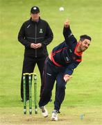 12 May 2022; Ruhan Pretorius of Northern Knights bowls during the Cricket Ireland Inter-Provincial Cup match between North West Warriors and Northern Knights at Bready Cricket Club in Magheramason, Tyrone. Photo by Stephen McCarthy/Sportsfile