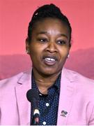 12 May 2022; USA Rugby board of directors athlete representative Victoria Folayan speaking during a World Rugby Cup future hosts announcement media conference at the Convention Centre in Dublin. Photo by Brendan Moran/Sportsfile