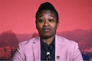 12 May 2022; USA Rugby board of directors athlete representative Victoria Folayan speaking during a World Rugby Cup future hosts announcement media conference at the Convention Centre in Dublin. Photo by Brendan Moran/Sportsfile