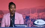 12 May 2022; USA Rugby board of directors athlete representative Victoria Folayan speaking during a World Rugby Cup future hosts announcement media conference at the Convention Centre in Dublin. Photo by Brendan Moran/Sportsfile