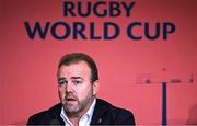 12 May 2022; Rugby Australia chief executive officer Andy Marinos speaking during a World Rugby Cup future hosts announcement media conference at the Convention Centre in Dublin. Photo by Brendan Moran/Sportsfile