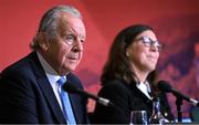 12 May 2022; World Rugby chairman Sir Bill Beaumont, left, and World Rugby director of women’s rugby Sally Horrox during a World Rugby Cup future hosts announcement media conference at the Convention Centre in Dublin. Photo by Brendan Moran/Sportsfile