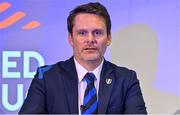 12 May 2022; World Rugby chief communications officer Dominic Rumbles speaking during a World Rugby Cup future hosts announcement media conference at the Convention Centre in Dublin. Photo by Brendan Moran/Sportsfile