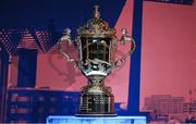 12 May 2022; A general view of the William Webb Ellis cup during a World Rugby Cup future hosts announcement media conference at the Convention Centre in Dublin. Photo by Brendan Moran/Sportsfile