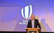 12 May 2022; World Rugby chairman Sir Bill Beaumont speaking during a World Rugby Cup future hosts announcement media conference at the Convention Centre in Dublin. Photo by Brendan Moran/Sportsfile