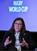 12 May 2022; World Rugby director of women’s rugby Sally Horrox speaking during a World Rugby Cup future hosts announcement media conference at the Convention Centre in Dublin. Photo by Brendan Moran/Sportsfile