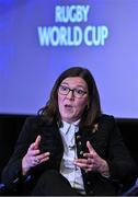 12 May 2022; World Rugby director of women’s rugby Sally Horrox speaking during a World Rugby Cup future hosts announcement media conference at the Convention Centre in Dublin. Photo by Brendan Moran/Sportsfile