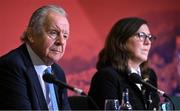 12 May 2022; World Rugby chairman Sir Bill Beaumont, left, and World Rugby director of women’s rugby Sally Horrox during a World Rugby Cup future hosts announcement media conference at the Convention Centre in Dublin. Photo by Brendan Moran/Sportsfile