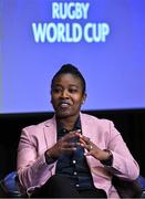 12 May 2022; USA Rugby board of directors athlete representative Victoria Folayan speaking during a World Rugby Cup future hosts announcement media conference at the Convention Centre in Dublin. Photo by Brendan Moran/Sportsfile