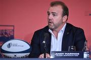 12 May 2022; Rugby Australia chief executive officer Andy Marinos speaking during a World Rugby Cup future hosts announcement media conference at the Convention Centre in Dublin. Photo by Brendan Moran/Sportsfile