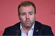 12 May 2022; Rugby Australia chief executive officer Andy Marinos speaking during a World Rugby Cup future hosts announcement media conference at the Convention Centre in Dublin. Photo by Brendan Moran/Sportsfile