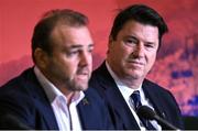 12 May 2022; Rugby Australia chairman Hamish McLennan, right, and Rugby Australia chief executive officer Andy Marinos speaking during a World Rugby Cup future hosts announcement media conference at the Convention Centre in Dublin. Photo by Brendan Moran/Sportsfile