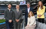 13 May 2022; PwC today announced that it will become the title sponsor of the PwC Camogie All-Stars. In addition, along with the GAA and the GPA, PwC is announcing their renewal of the PwC All-Stars and PwC GPA Women's Player of the Month awards for a further three years. Pictured at Croke Park today at the sponsorship announcements were, from left, GPA Chief Executive Tom Parsons, Uachtarán Chumann Lúthchleas Gael Larry McCarthy, PwC Ireland Managing Partner Feargal O'Rourke, Uachtarán an Cumann Camógaíochta Hilda Breslin, and PwC Asset Management Tax Leader & former Carlow dual county player Marie Coady. Photo by Seb Daly/Sportsfile