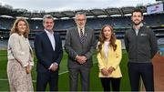 13 May 2022; PwC today announced that it will become the title sponsor of the PwC Camogie All-Stars. In addition, along with the GAA and the GPA, PwC is announcing their renewal of the PwC All-Stars and PwC GPA Women's Player of the Month awards for a further three years. Pictured at Croke Park today at the sponsorship announcements were, from left, Uachtarán an Cumann Camógaíochta Hilda Breslin, PwC Ireland Managing Partner Feargal O'Rourke, Uachtarán Chumann Lúthcleas Gael Larry McCarthy, PwC Asset Management Tax Leader & former Carlow dual county player Marie Coady, and GPA Chief Executive Tom Parsons. Photo by Seb Daly/Sportsfile