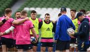13 May 2022; Leinster players including Cian Healy, centre, in the team huddle during a Leinster Rugby captain's run at the Aviva Stadium in Dublin. Photo by Harry Murphy/Sportsfile