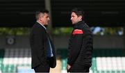 13 May 2022; Former Derry City manager Declan Devine and Derry City manager Ruaidhrí Higgins, right, before the SSE Airtricity League Premier Division match between Shamrock Rovers and Derry City at Tallaght Stadium in Dublin.  Photo by Stephen McCarthy/Sportsfile
