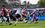 13 May 2022; Joe Adams of Dundalk gets a cross under pressure from Ciarán Kelly of Bohemians and Bohemians goalkeeper James Talbot during the SSE Airtricity League Premier Division match between Dundalk and Bohemians at Oriel Park in Dundalk, Louth. Photo by Ramsey Cardy/Sportsfile