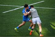 13 May 2022; Max O'Reilly of Leinster is tackled by Louis Bruce of Irish Universities during the Development Match between Leinster Rugby A and Irish Universities XV at Energia Park in Dublin. Photo by Harry Murphy/Sportsfile