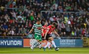 13 May 2022; Will Patching of Derry City in action against Graham Burke of Shamrock Rovers during the SSE Airtricity League Premier Division match between Shamrock Rovers and Derry City at Tallaght Stadium in Dublin. Photo by Seb Daly/Sportsfile