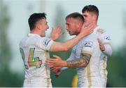 13 May 2022; Stephen Walsh of Galway United, centre, celebrates after scoring his side's second goal with team-mates, Edward McCarthy, left, and Alex Murphy during the SSE Airtricity League First Division match between Wexford and Galway United at Ferrycarrig Park in Wexford. Photo by Michael P Ryan/Sportsfile