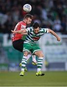 13 May 2022; Richie Towell of Shamrock Rovers in action against Cameron Dummigan of Derry City during the SSE Airtricity League Premier Division match between Shamrock Rovers and Derry City at Tallaght Stadium in Dublin.  Photo by Stephen McCarthy/Sportsfile
