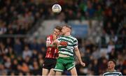 13 May 2022; Sean Hoare of Shamrock Rovers in action against Jamie McGonigle of Derry City during the SSE Airtricity League Premier Division match between Shamrock Rovers and Derry City at Tallaght Stadium in Dublin.  Photo by Stephen McCarthy/Sportsfile
