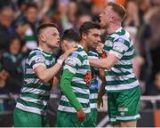 13 May 2022; Danny Mandroiu of Shamrock Rovers, centre, celebrates with teammates Andy Lyons, left, and Sean Hoare after scoring their side's first goal during the SSE Airtricity League Premier Division match between Shamrock Rovers and Derry City at Tallaght Stadium in Dublin. Photo by Seb Daly/Sportsfile