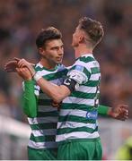 13 May 2022; Danny Mandroiu of Shamrock Rovers, left, celebrates with teammate Ronan Finn after scoring their side's first goal during the SSE Airtricity League Premier Division match between Shamrock Rovers and Derry City at Tallaght Stadium in Dublin. Photo by Seb Daly/Sportsfile
