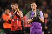 13 May 2022; Derry City goalkeeper Brian Maher and Jamie McGonigle, left, after the SSE Airtricity League Premier Division match between Shamrock Rovers and Derry City at Tallaght Stadium in Dublin.  Photo by Stephen McCarthy/Sportsfile