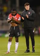 13 May 2022; James Akintunde, left, and Cameron McJannet of Derry City after the SSE Airtricity League Premier Division match between Shamrock Rovers and Derry City at Tallaght Stadium in Dublin.  Photo by Stephen McCarthy/Sportsfile