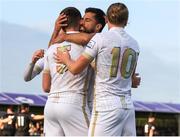 13 May 2022; Killian Brouder of Galway United, 5, celebrates after scoring his side's first goal with teammates, Diego Portilla, and David Hurley during the SSE Airtricity League First Division match between Wexford and Galway United at Ferrycarrig Park in Wexford. Photo by Michael P Ryan/Sportsfile