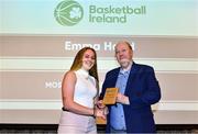 14 May 2022; Emma Hand is presented with the Most Improved Referee of the Year award by National Referees Appointments Officer Joe Naughton during the 2021/22 Basketball Ireland Annual Awards and Hall of Fame ceremony in Dublin on Saturday at Royal Marine Hotel in Dun Laoghaire, Dublin. Photo by Sam Barnes/Sportsfile