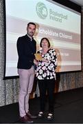 14 May 2022; Garvey's Tralee Warriors coach John Downling collects the Girls B School of the Year award from Chair of the Post Primary Schools Committee, Marie O’Toole, on behalf of Gaelcholáiste Chiarraí, Kerry,  during the 2021/22 Basketball Ireland Annual Awards and Hall of Fame ceremony in Dublin on Saturday at Royal Marine Hotel in Dun Laoghaire, Dublin. Photo by Sam Barnes/Sportsfile