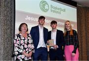 14 May 2022; Jesus and Mary Gortnor Abbey head coach Fiona Page, right, alongside Mattie McHale, centre left, and Niall Coggins, centre right, are presented with the Boys B School of the Year award by Chair of the Post Primary Schools Committee, Marie O’Toole, left, during the 2021/22 Basketball Ireland Annual Awards and Hall of Fame ceremony in Dublin on Saturday at Royal Marine Hotel in Dun Laoghaire, Dublin. Photo by Sam Barnes/Sportsfile
