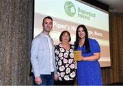 14 May 2022;  Piper's Hill head coach Aaron Whelan and Keleigh Murphy of Piper's Hill, right, are presented with the Girls C School of the Year award by Chair of the Post Primary Schools Committee, Marie O’Toole, during the 2021/22 Basketball Ireland Annual Awards and Hall of Fame ceremony in Dublin on Saturday at Royal Marine Hotel in Dun Laoghaire, Dublin. Photo by Sam Barnes/Sportsfile