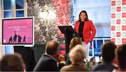 13 May 2022; Sarah O'Connor, head of sport at Wilson Hartnell PR, speaking at the Gaelic Writers’ Association Awards, which took place at the Iveagh Garden Hotel in Dublin, and are this year supported by Wilson Hartnell, who are celebrating their 50th year in business. Photo by Piaras Ó Mídheach/Sportsfile