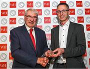 13 May 2022; Mayo journalist Sean Rice of Mayo News is presented with the Gaelic Writers’ Association Lifetime Achievement award by Chairman of the Gaelic Writers’ Association Karl O’Kane at the Gaelic Writers’ Association Awards, which took place at the Iveagh Garden Hotel in Dublin, and are this year supported by Wilson Hartnell, who are celebrating their 50th year in business. Sean was honoured for his contribution to the Mayo News newspaper and years of diligent and uncompromising reporting of GAA affairs in Mayo going as far back as the 1950s. Photo by Piaras Ó Mídheach/Sportsfile