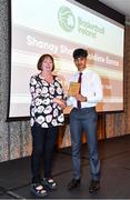 14 May 2022; Shanay Shah of Coláiste Éanna, Dublin, is presented with the Male U19 Schools Player of the Year award by Chair of the Post Primary Schools Committee, Marie O’Toole, during the 2021/22 Basketball Ireland Annual Awards and Hall of Fame ceremony in Dublin on Saturday at Royal Marine Hotel in Dun Laoghaire, Dublin. Photo by Sam Barnes/Sportsfile