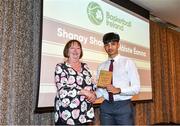 14 May 2022; Shanay Shah of Coláiste Éanna, Dublin, is presented with the Male U19 Schools Player of the Year award by Chair of the Post Primary Schools Committee, Marie O’Toole, during the 2021/22 Basketball Ireland Annual Awards and Hall of Fame ceremony in Dublin on Saturday at Royal Marine Hotel in Dun Laoghaire, Dublin. Photo by Sam Barnes/Sportsfile
