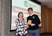 14 May 2022; Kristian Don of Balbriggan Community School, Dublin, is presented with the Boys D School of the Year award by Chair of the Post Primary Schools Committee, Marie O’Toole, during the 2021/22 Basketball Ireland Annual Awards and Hall of Fame ceremony in Dublin on Saturday at Royal Marine Hotel in Dun Laoghaire, Dublin. Photo by Sam Barnes/Sportsfile