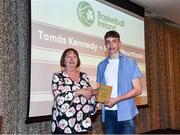 14 May 2022; Thomas Kennedy of Mercy Mounthawk, Kerry, is presented with the Male U16 Schools Player of the Year award by Chair of the Post Primary Schools Committee, Marie O’Toole,  during the 2021/22 Basketball Ireland Annual Awards and Hall of Fame ceremony in Dublin on Saturday at Royal Marine Hotel in Dun Laoghaire, Dublin. Photo by Sam Barnes/Sportsfile