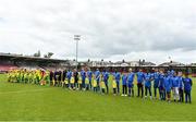 14 May 2022; Players and officials line up before the FAI Centenary Intermediate Cup Final 2021/2022 match between Rockmount AFC and Bluebell United at Turner's Cross in Cork. Photo by Seb Daly/Sportsfile