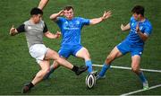 13 May 2022; David Hawkshaw and Daniel Hawkshaw of Leinster block a kick from Mick O'Kennedy of Irish Universities during the Development Match between Leinster Rugby A and Irish Universities XV at Energia Park in Dublin. Photo by Harry Murphy/Sportsfile