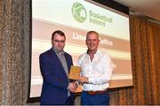 14 May 2022; Limerick Celtics co-founder and head coach Tony Hehir, right, is presented with the Area Board Club of the Year award by National Area Board Committee chairperson Jason Thornton, during the 2021/22 Basketball Ireland Annual Awards and Hall of Fame ceremony in Dublin on Saturday at Royal Marine Hotel in Dun Laoghaire, Dublin. Photo by Sam Barnes/Sportsfile