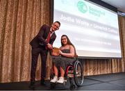 14 May 2022; Jodie Waite of Limerick Celtics is presented with the Irish Wheelchair Basketball Women's Player of the Year award by Basketball Ireland’s Sport Inclusion Development Officer, Paul Carr, during the 2021/22 Basketball Ireland Annual Awards and Hall of Fame ceremony in Dublin on Saturday at Royal Marine Hotel in Dun Laoghaire, Dublin. Photo by Sam Barnes/Sportsfile