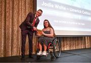 14 May 2022; Jodie Waite of Limerick Celtics is presented with the Irish Wheelchair Basketball Women's Player of the Year award by Basketball Ireland’s Sport Inclusion Development Officer, Paul Carr, during the 2021/22 Basketball Ireland Annual Awards and Hall of Fame ceremony in Dublin on Saturday at Royal Marine Hotel in Dun Laoghaire, Dublin. Photo by Sam Barnes/Sportsfile