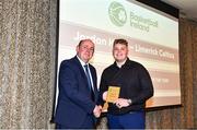 14 May 2022; Limerick Celtics Under-18 Women's coach Jordan Hehir, right, is presented with the Women's Underage Coach of the Year award by Basketball Ireland President PJ Reidy during the 2021/22 Basketball Ireland Annual Awards and Hall of Fame ceremony in Dublin on Saturday at Royal Marine Hotel in Dun Laoghaire, Dublin. Photo by Sam Barnes/Sportsfile