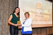 14 May 2022; Sarah Hickey of WIT Waterford Wildcats, left, is presented with the Women's Super League Young Player of the Year award by Basketball Ireland Women's National League Committee Secretary Maura O’Malley, during the 2021/22 Basketball Ireland Annual Awards and Hall of Fame ceremony in Dublin on Saturday at Royal Marine Hotel in Dun Laoghaire, Dublin. Photo by Sam Barnes/Sportsfile