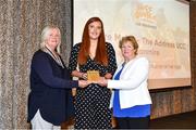 14 May 2022; Claire Melia of The Address UCC Glanmire, centre, is presented with the Women's Super League Player of the Year award by Basketball Ireland Women's National League Committee Chairperson Breda Dick, left, and Secretary Maura O’Malley, during the 2021/22 Basketball Ireland Annual Awards and Hall of Fame ceremony in Dublin on Saturday at Royal Marine Hotel in Dun Laoghaire, Dublin. Photo by Sam Barnes/Sportsfile